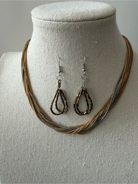 Necklace&Earring set-Multi strand Silver & Copper Necklace & Teardrop Earrings